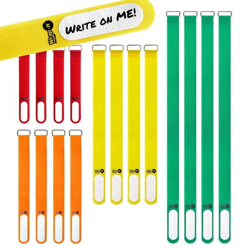 Wrap-It Storage Cinch-Straps (Assorted 16 Pack) Hook and Loop Straps with Metal Buckles and Write on Labels for Easy Cord Identification, Waterproof, Reusable, Multi-Purpose, Adjustable - Image 1